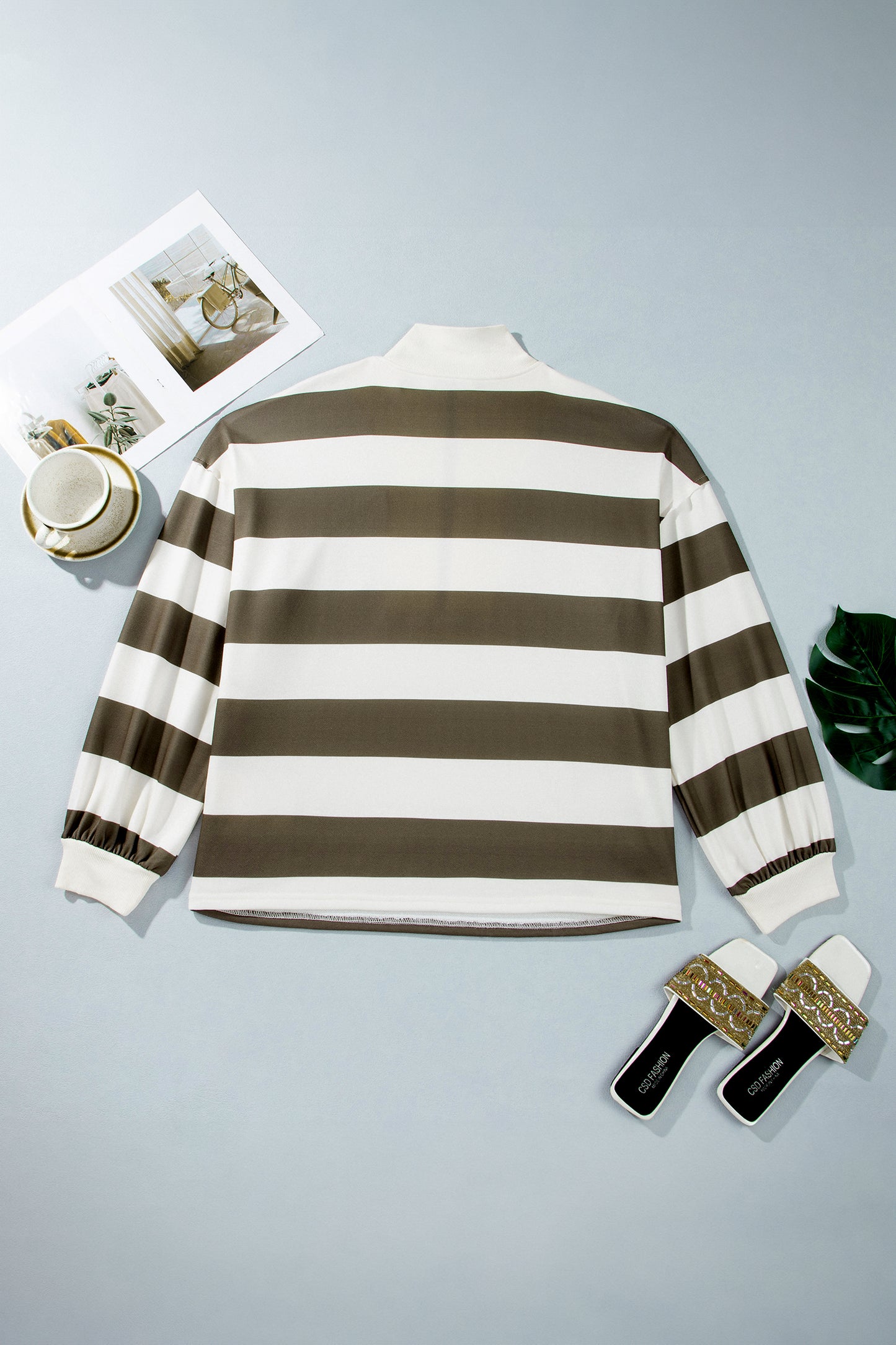 Green Stripe Plus Size Half Zipped Casual Sweatshirt-Plus Size/Plus Size Sweatshirts & Hoodies-[Adult]-[Female]-2022 Online Blue Zone Planet