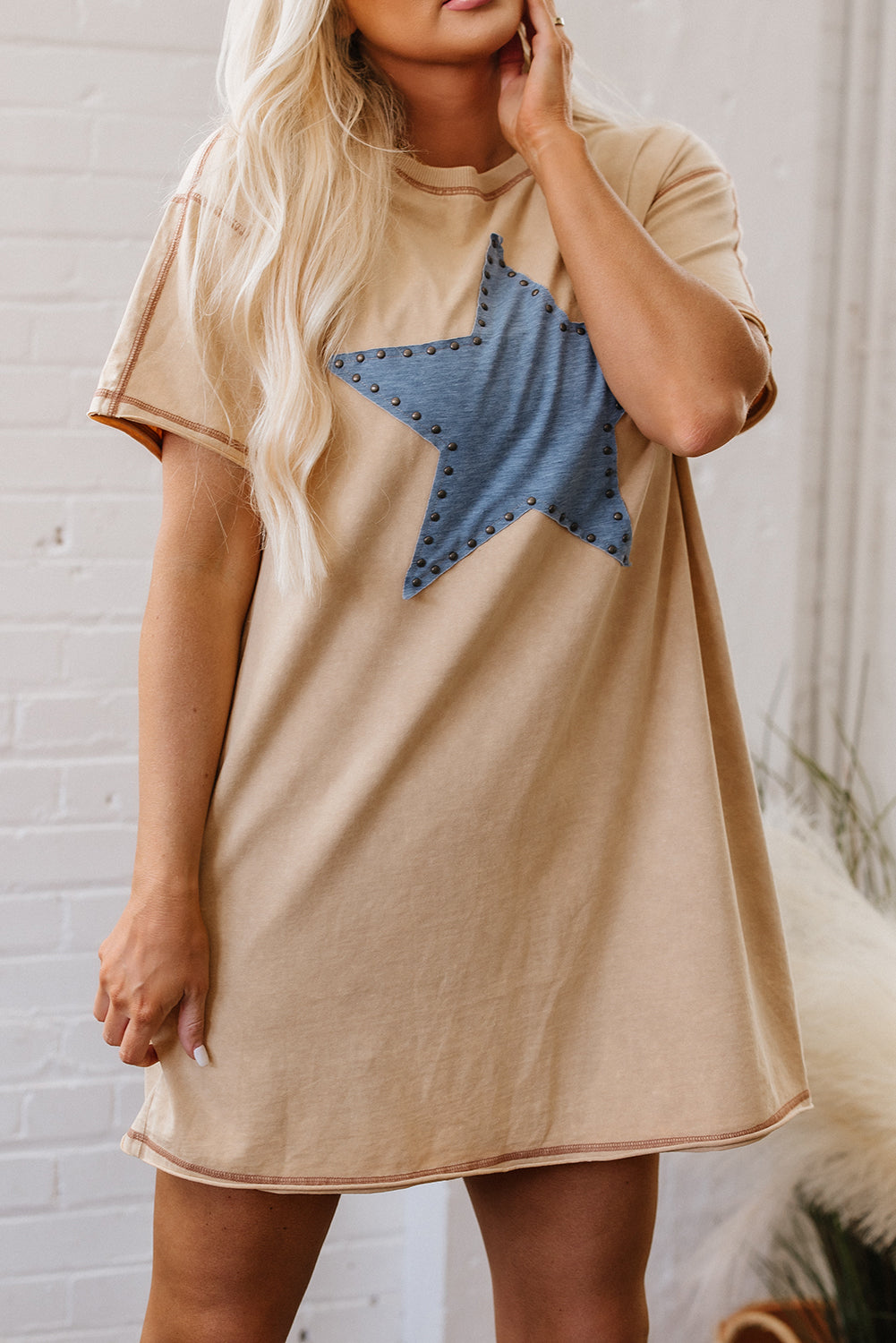 Pale Khaki Mineral Wash Stud Beaded Star Graphic Pocketed T Shirt Dress-TOPS / DRESSES-[Adult]-[Female]-2022 Online Blue Zone Planet
