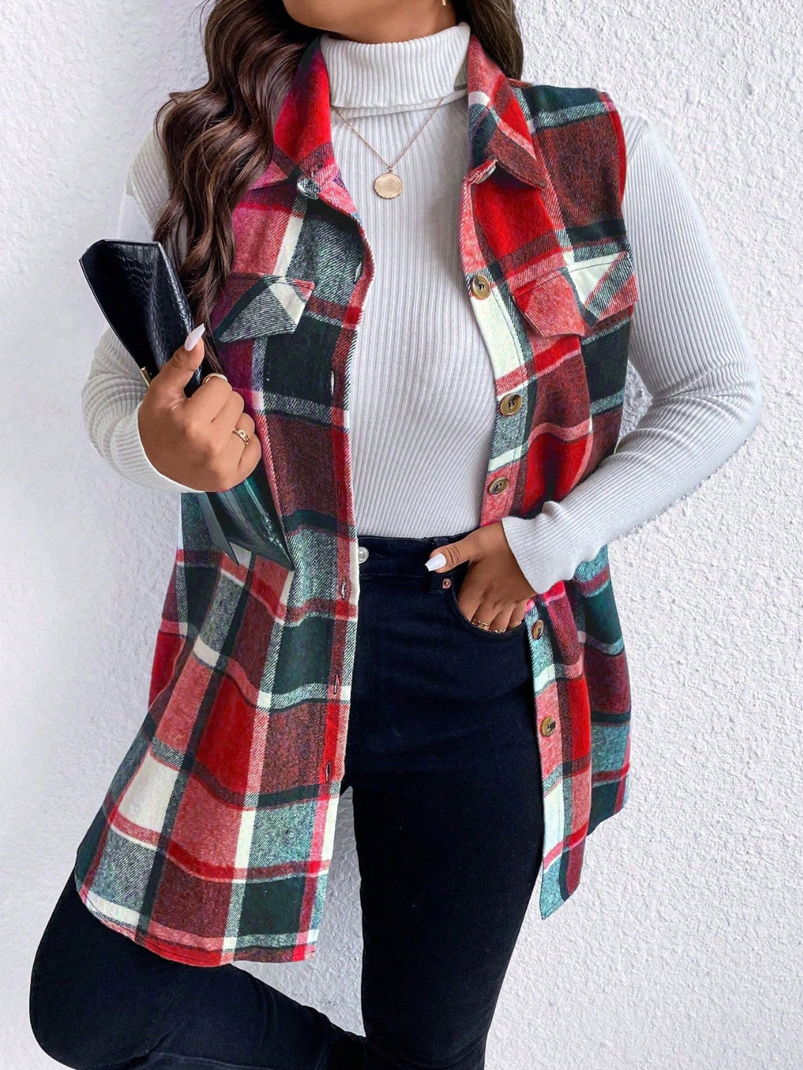 Honey Plus Size Pocketed Plaid Button Up Vest Coat-TOPS / DRESSES-[Adult]-[Female]-2022 Online Blue Zone Planet