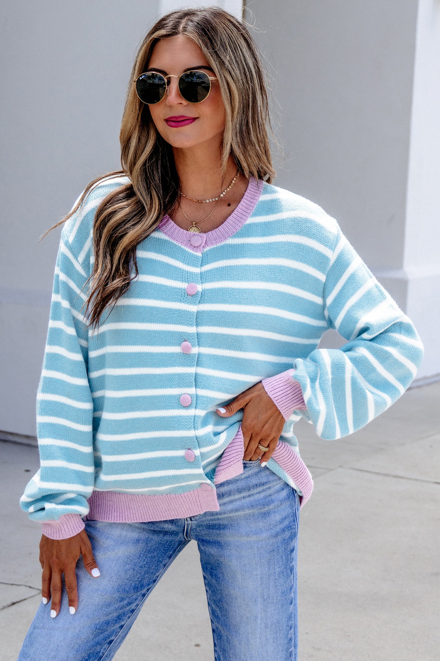 Sky Blue Stripe Contrast Trim Button Down Casual Sweater Cardigan-TOPS / DRESSES-[Adult]-[Female]-2022 Online Blue Zone Planet
