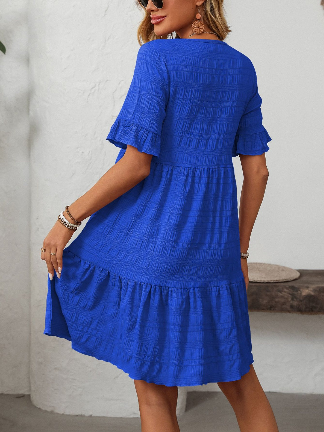 Mandy Ruffled Ruched Round Neck Half Sleeve Dress-TOPS / DRESSES-[Adult]-[Female]-2022 Online Blue Zone Planet