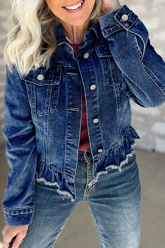 Blue Zone Planet | Navy Blue Ruffle Raw Hem Flap Pockets Denim Jacket-Outerwear/Denim jackets-[Adult]-[Female]-Navy Blue-S-2022 Online Blue Zone Planet