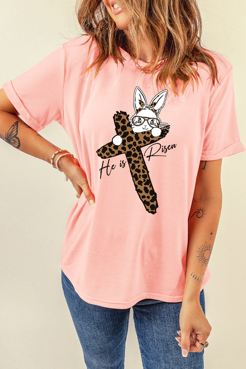 Pink He is Risen Easter Bunny Leopard Cross Graphic Tee-Graphic/Graphic Tees-[Adult]-[Female]-2022 Online Blue Zone Planet