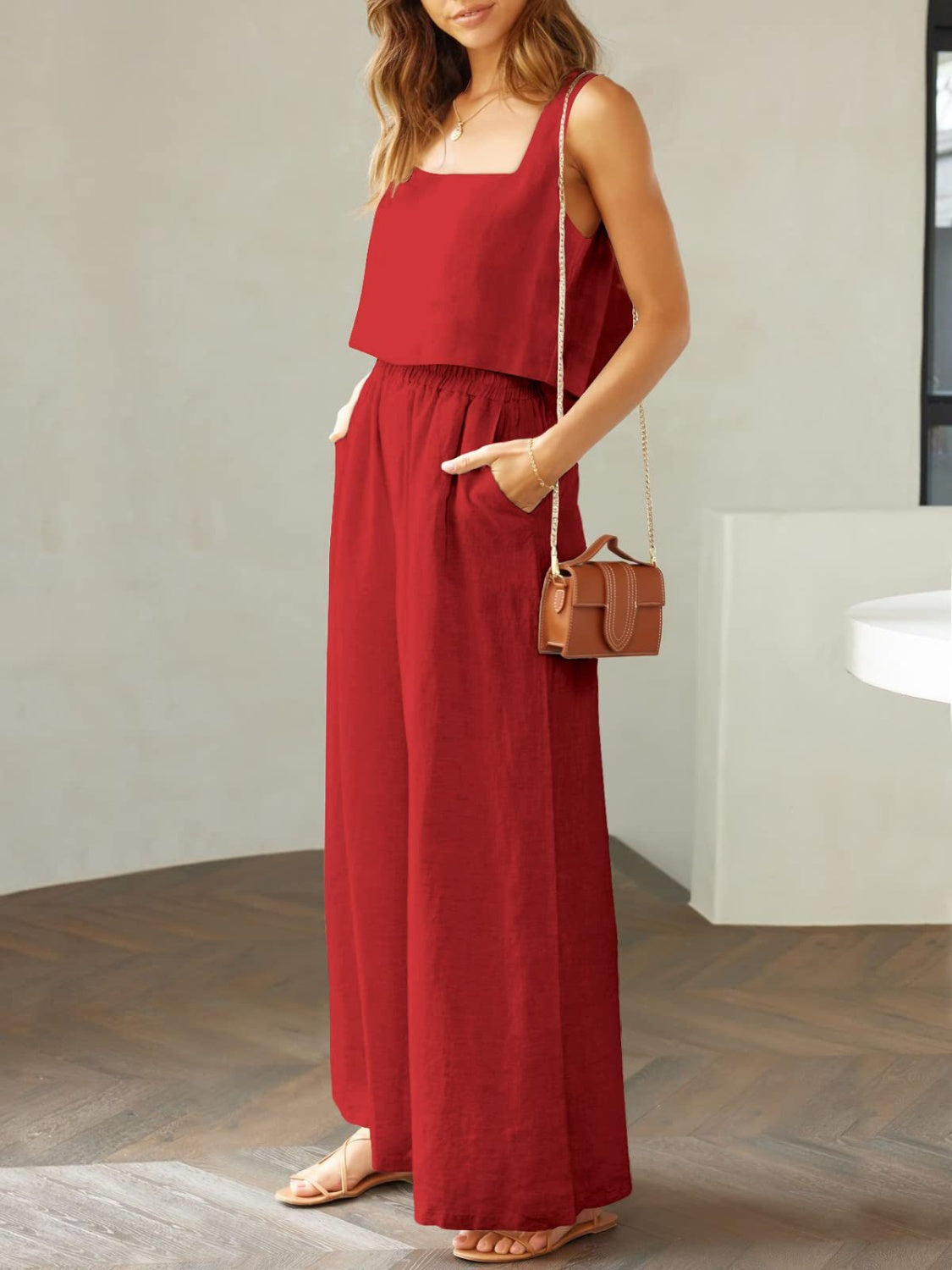 Square Neck Top and Wide Leg Pants Set-TOPS / DRESSES-[Adult]-[Female]-2022 Online Blue Zone Planet