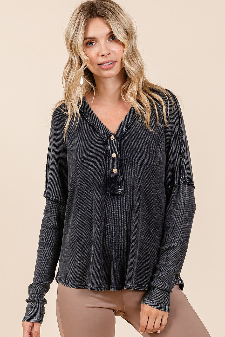 Blue Zone Planet | Mittoshop Washed V-Neck Long Sleeve Blouse-TOPS / DRESSES-[Adult]-[Female]-2022 Online Blue Zone Planet