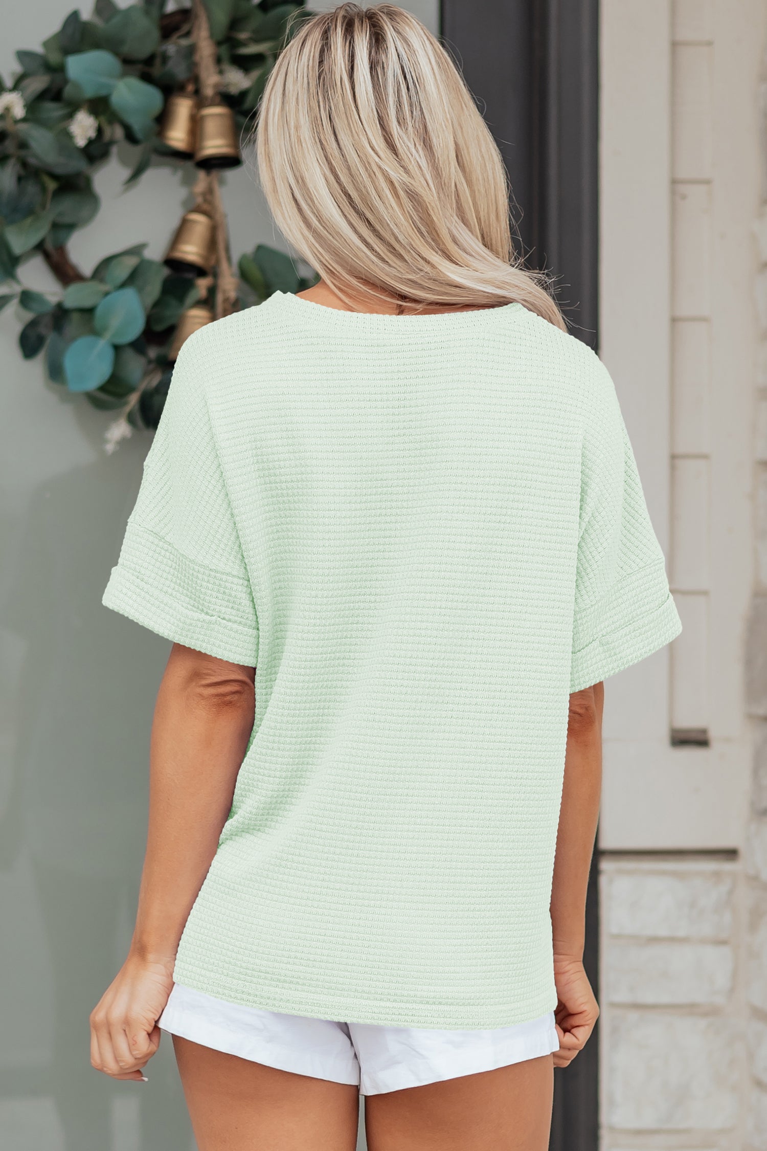 Clearly Aqua Waffle V Neck Short Sleeve Knit Top-Tops/Tops & Tees-[Adult]-[Female]-2022 Online Blue Zone Planet