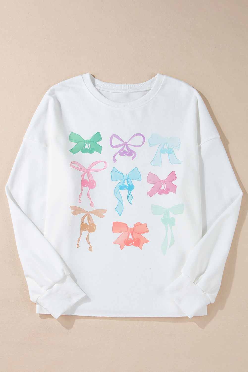 White Bowknot Pattern Drop Shoulder Loose Sweatshirt-Tops/Sweatshirts & Hoodies-[Adult]-[Female]-2022 Online Blue Zone Planet