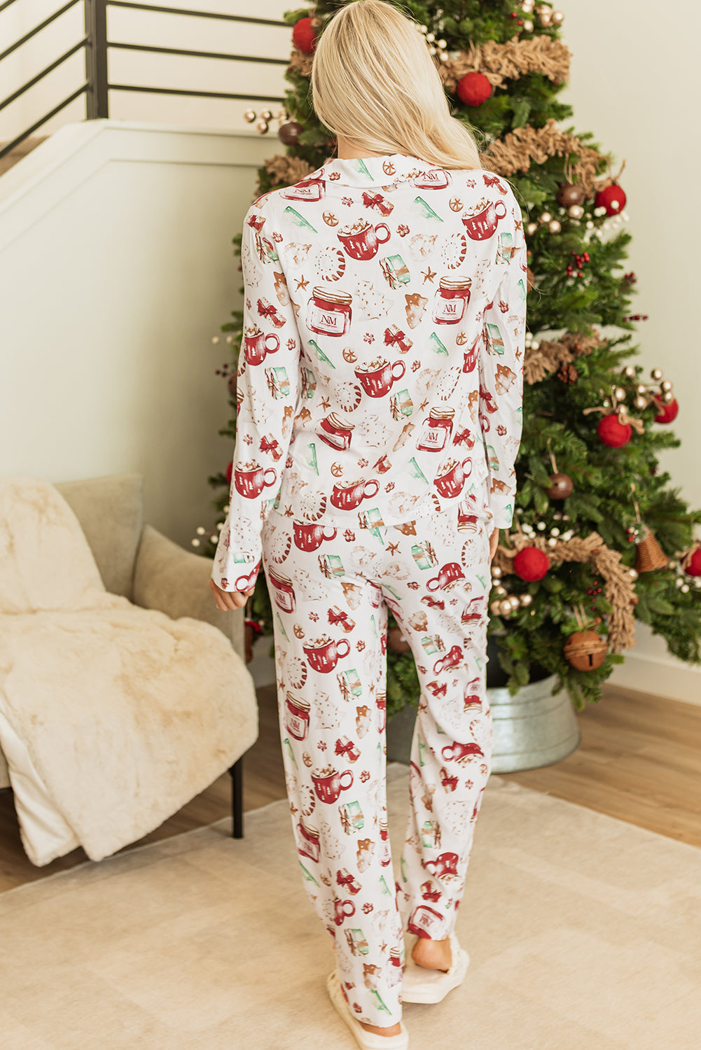 Blue Zone Planet | White Christmas Pattern Long Sleeve Shirt and Pants Pajama Set-TOPS / DRESSES-[Adult]-[Female]-2022 Online Blue Zone Planet