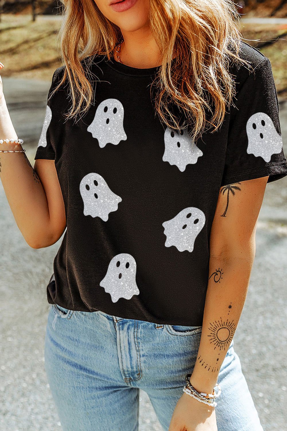 Black Glitter Ghost Pattern Crew Neck Halloween T Shirt-Graphic/Graphic Tees-[Adult]-[Female]-2022 Online Blue Zone Planet