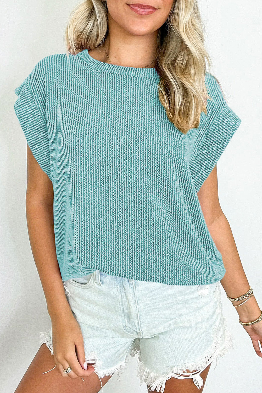 Gray Twisted Rib Wide Sleeve Crew Neck T Shirt-Tops/Tops & Tees-[Adult]-[Female]-Canton-S-2022 Online Blue Zone Planet