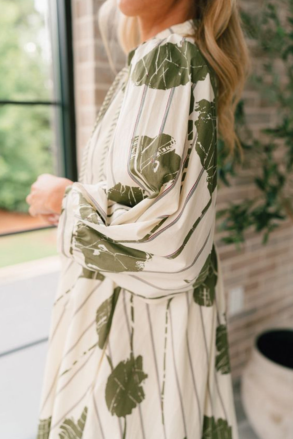 Guacamole Green Floral Striped Print Contrast Piping Puff Sleeve Dress-Dresses/Floral Dresses-[Adult]-[Female]-2022 Online Blue Zone Planet