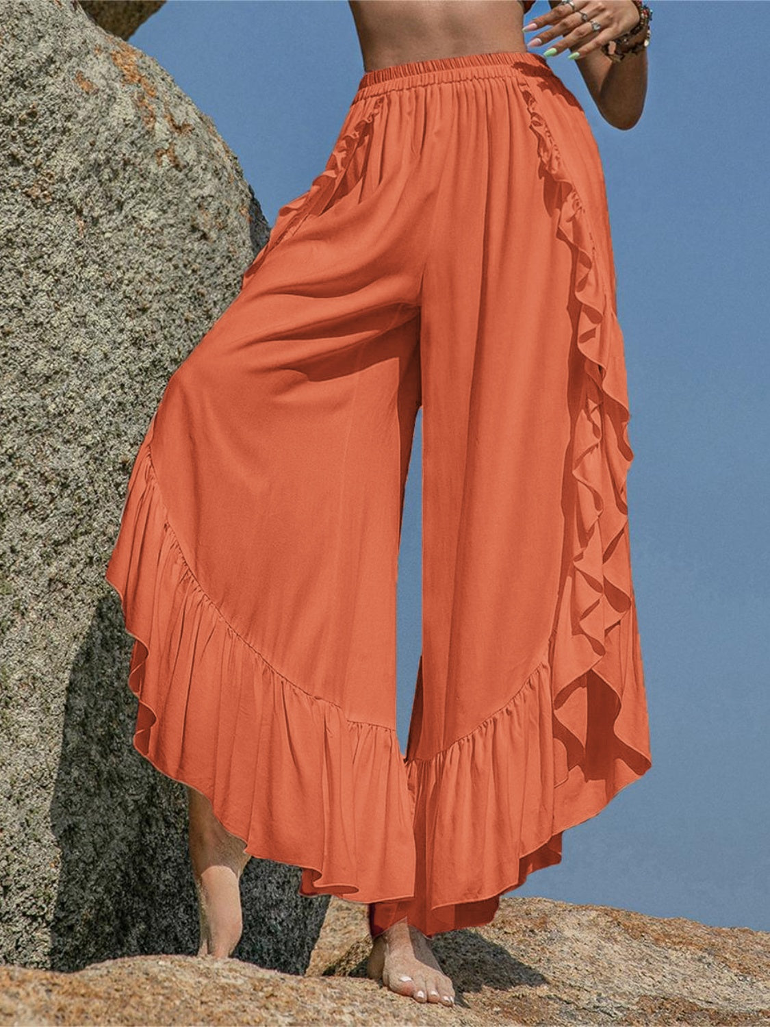 Ruffled Slit Wide Leg Pants-[Adult]-[Female]-2022 Online Blue Zone Planet