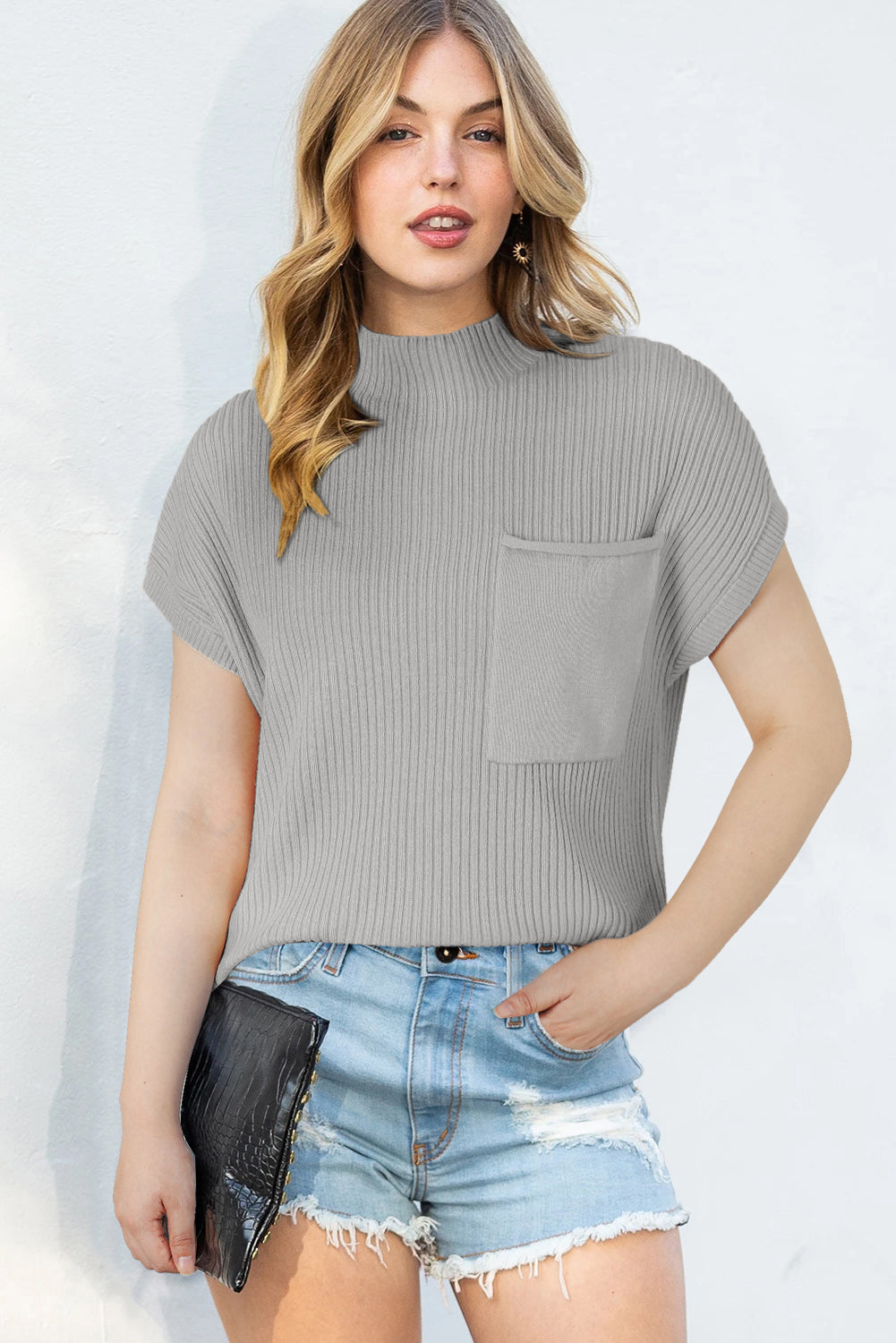 Blue Zone Planet | Rose Red Patch Pocket Ribbed Knit Short Sleeve Sweater-Sweaters & Cardigans/Short Sleeve Sweaters-[Adult]-[Female]-2022 Online Blue Zone Planet