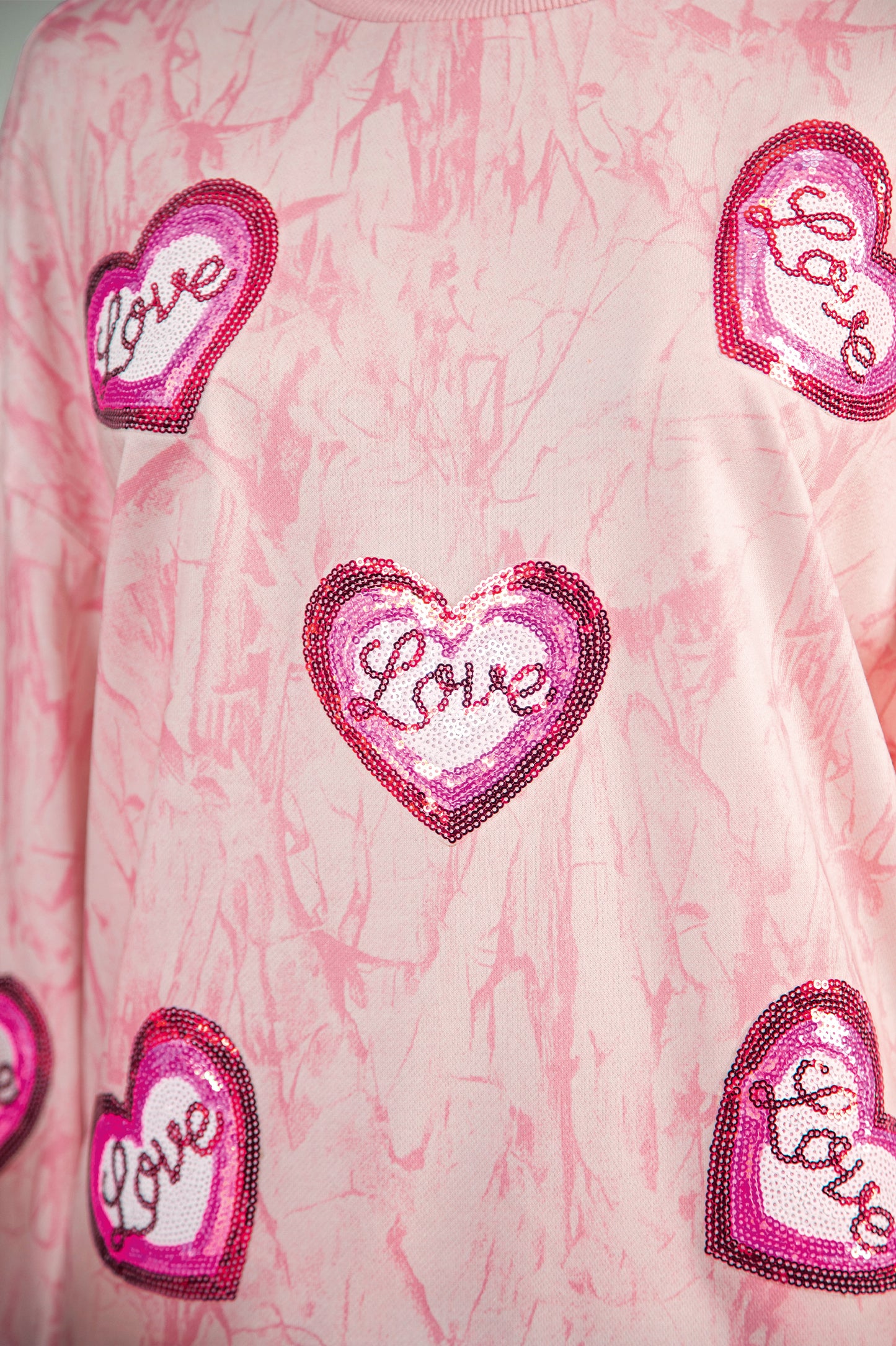 Pink Tie Dye Camo Sequin Love Heart Patched Mock Neck Sweatshirt-Graphic Sweatshirts-[Adult]-[Female]-2022 Online Blue Zone Planet
