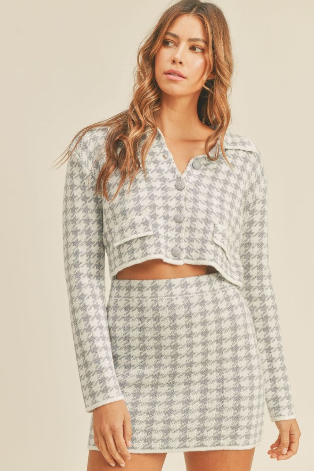 MABLE Houndstooth Cropped Knit Cardigan and Mini Skirt Set-TOPS / DRESSES-[Adult]-[Female]-Blue-S-2022 Online Blue Zone Planet