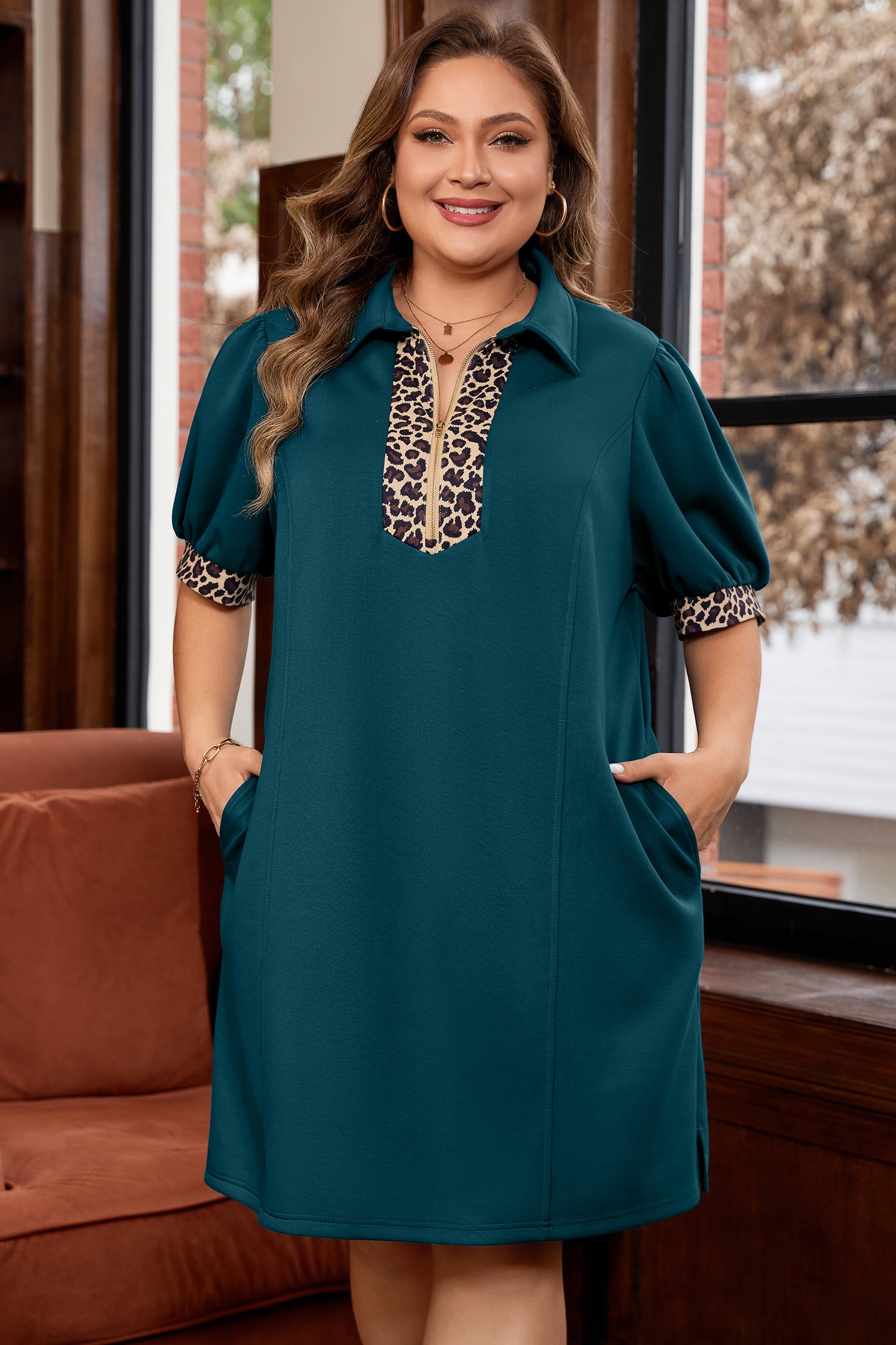 Sea Green Leopard Patchwork Detail Quarter Zip Collared Plus Size Mini Dress-TOPS / DRESSES-[Adult]-[Female]-2022 Online Blue Zone Planet