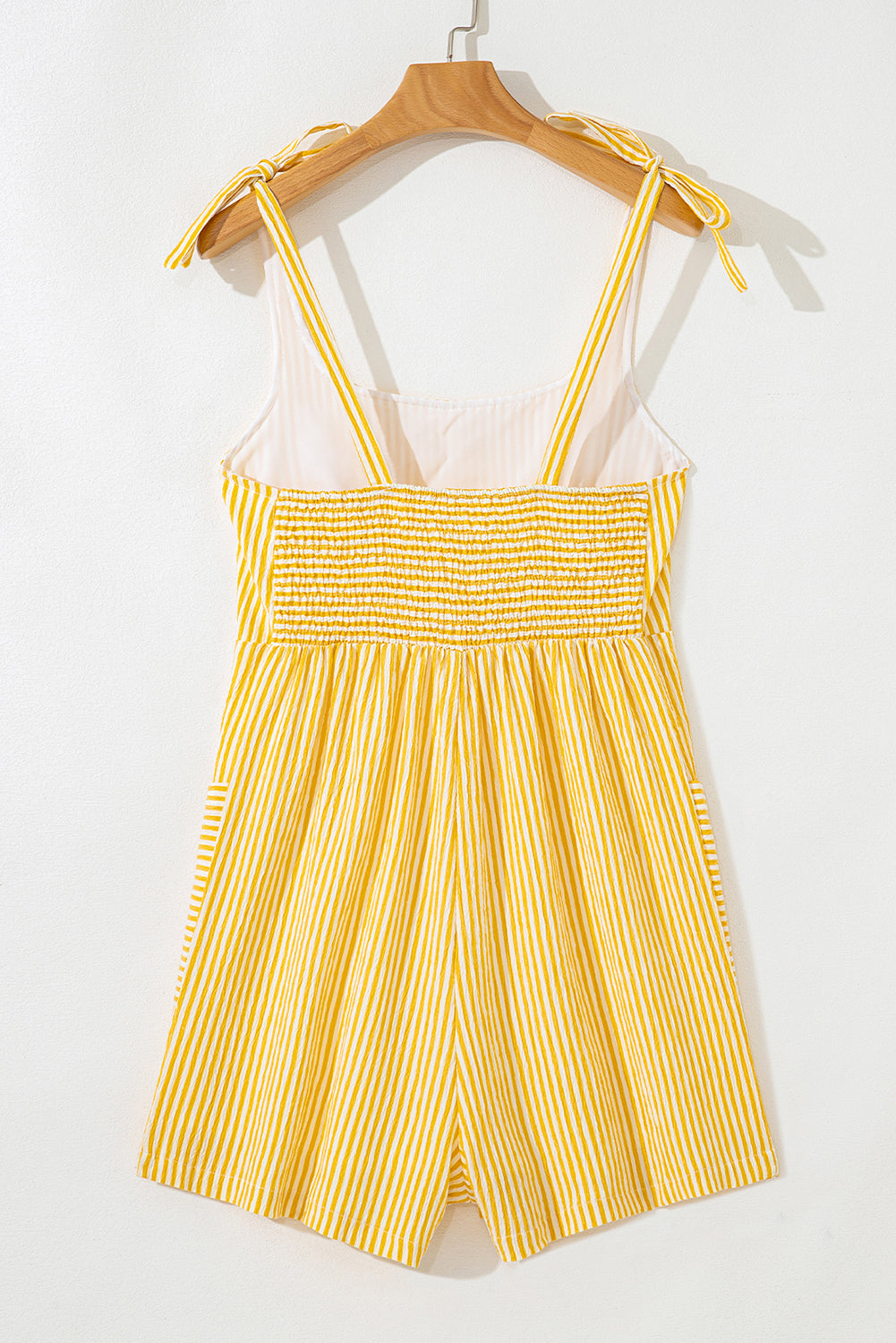 Yellow Stripe Shoulder Tie Smocked Back Wide Leg Casual Romper-Bottoms/Jumpsuits & Rompers-[Adult]-[Female]-2022 Online Blue Zone Planet