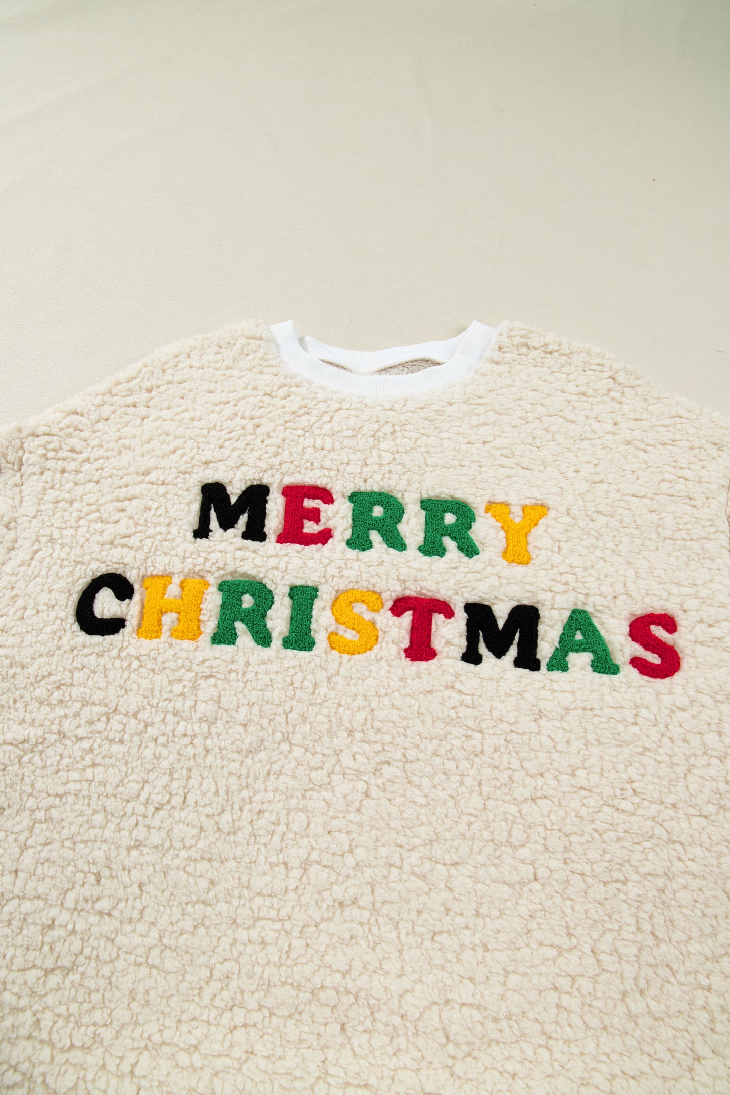 White MERRY CHRISTMAS Multicolor Embroidered Sherpa Pullover Sweatshirt-Tops/Sweatshirts & Hoodies-[Adult]-[Female]-2022 Online Blue Zone Planet