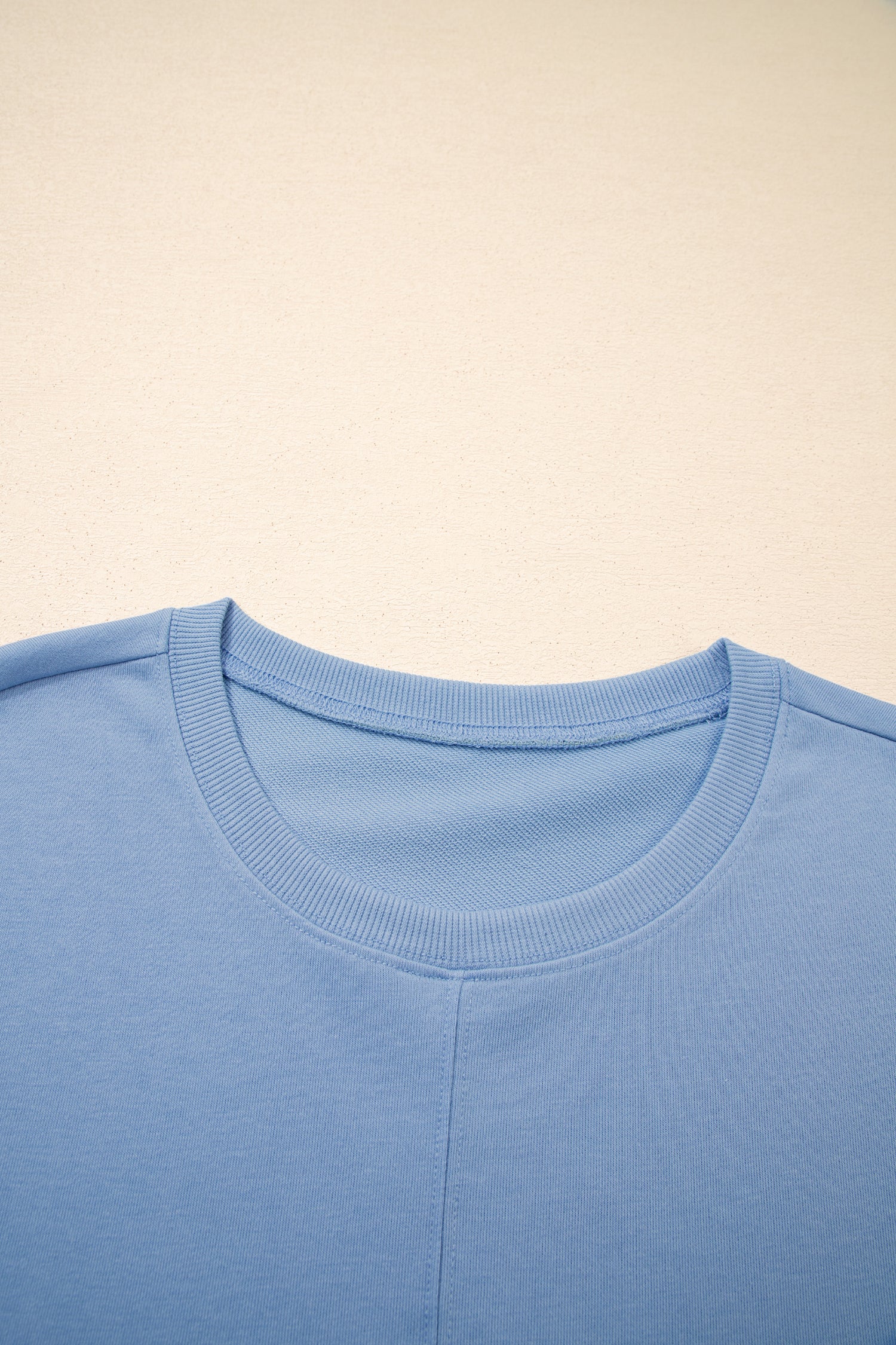 Sky Blue Solid Color Contrast Textured Patchwork Raw Edge 2pcs Short Set-Two Piece Sets/Short Sets-[Adult]-[Female]-2022 Online Blue Zone Planet