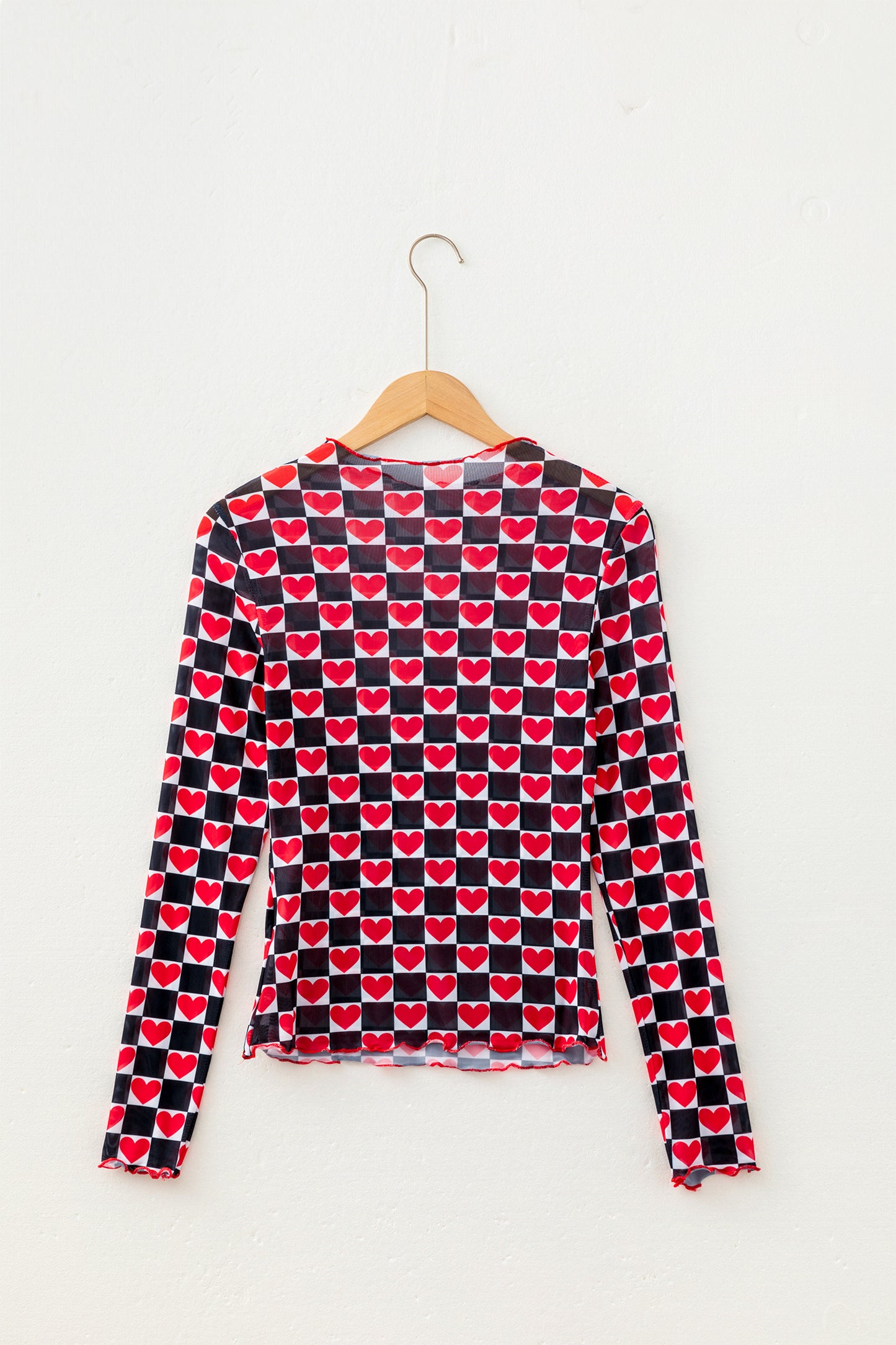 Rose Plaid Heart Mesh Sheer Long Sleeve High Neck Blouse-Tops/Long Sleeve Tops-[Adult]-[Female]-2022 Online Blue Zone Planet