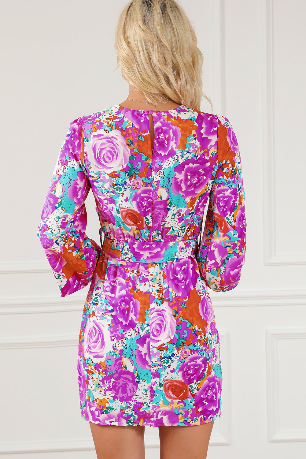 Blue Zone Planet | Purple Floral Keyhole Back Long Sleeve Belted Dress-TOPS / DRESSES-[Adult]-[Female]-2022 Online Blue Zone Planet