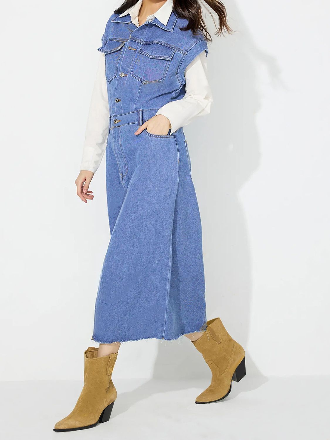 Slit Half Button Collared Neck Cap Sleeve Denim Dress-TOPS / DRESSES-[Adult]-[Female]-2022 Online Blue Zone Planet