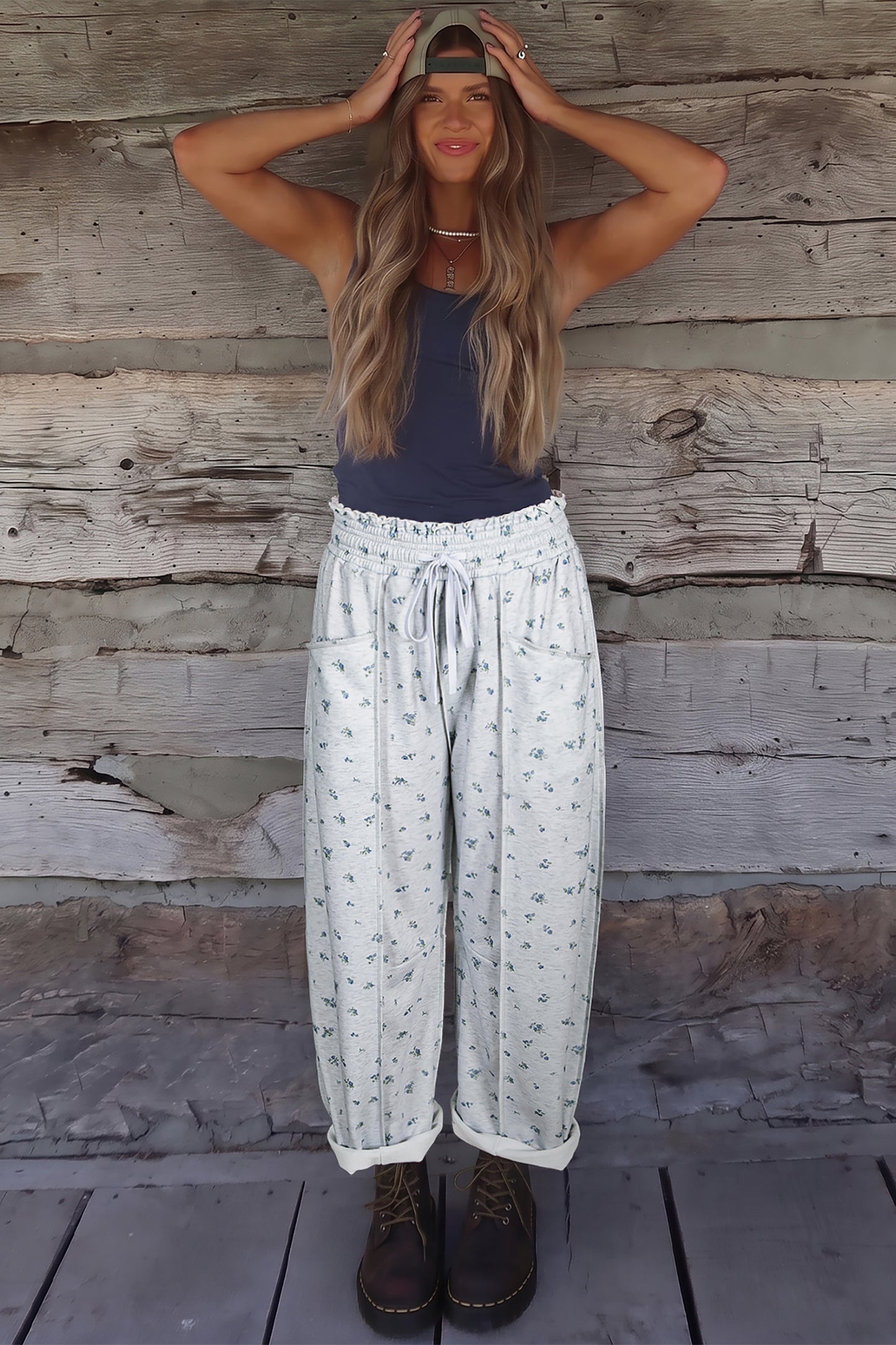 Gray Floral Print Elastic Waist Regular Fit Pants-Bottoms/Pants & Culotte-[Adult]-[Female]-2022 Online Blue Zone Planet