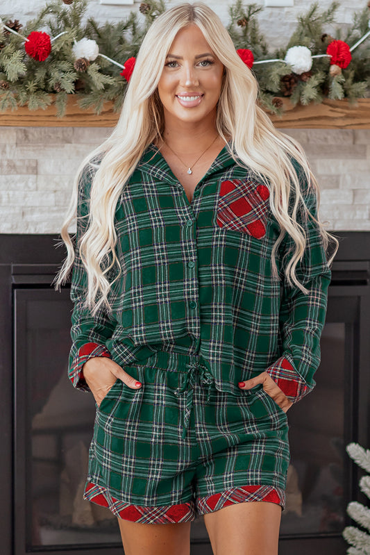 Green Plaid Contrast Patched Christmas Holiday Long Sleeve Shirt and Short 2pcs Pajama Set-Loungewear & Sleepwear/Sleepwear-[Adult]-[Female]-2022 Online Blue Zone Planet