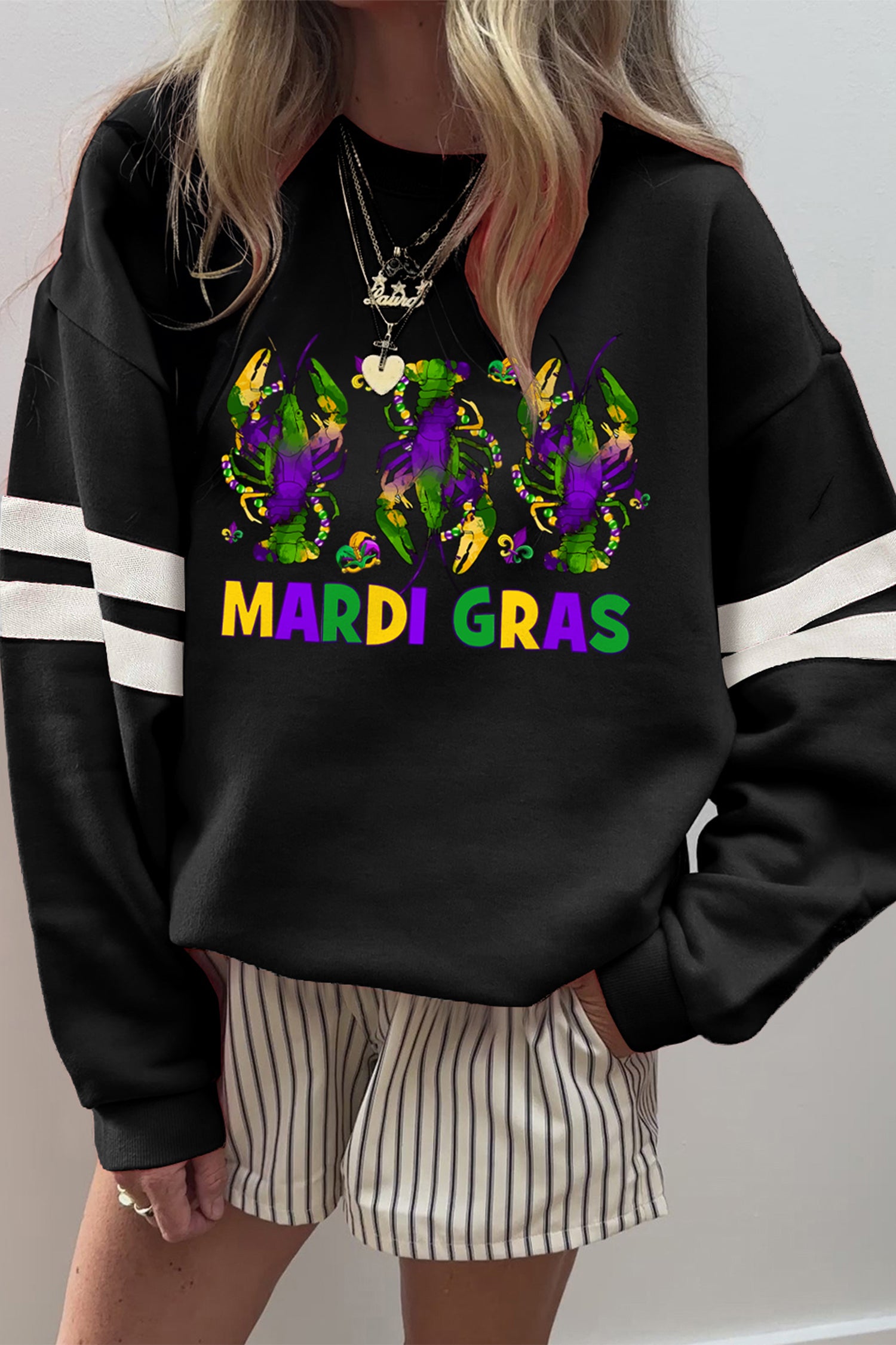 Black MARDI GRAS Crayfish Printed Varsity Striped Drop Shoulder Sweatshirt-Graphic Sweatshirts-[Adult]-[Female]-Black-2XL-2022 Online Blue Zone Planet