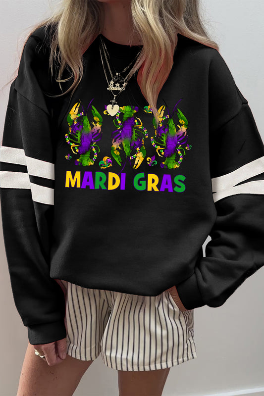 Black MARDI GRAS Crayfish Printed Varsity Striped Drop Shoulder Sweatshirt-Graphic Sweatshirts-[Adult]-[Female]-Black-2XL-2022 Online Blue Zone Planet
