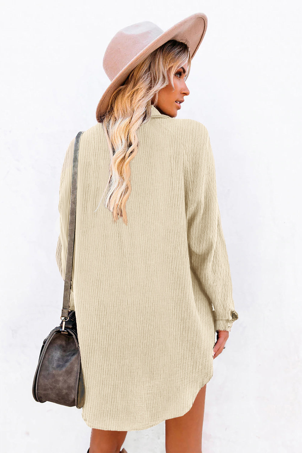 Beige Corduroy Shirt Style Full Button Long Sleeve Shift Mini Dress-Dresses/Mini Dresses-[Adult]-[Female]-2022 Online Blue Zone Planet