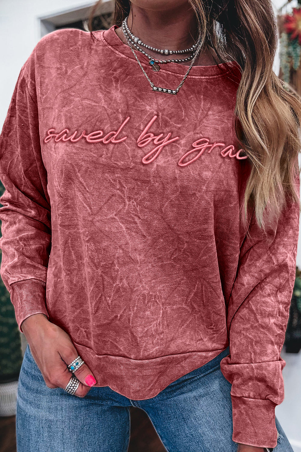 Mineral Red Saved By Grace Letter Embroidery Mineral Wash Loose Sweatshirt-Tops/Sweatshirts & Hoodies-[Adult]-[Female]-2022 Online Blue Zone Planet