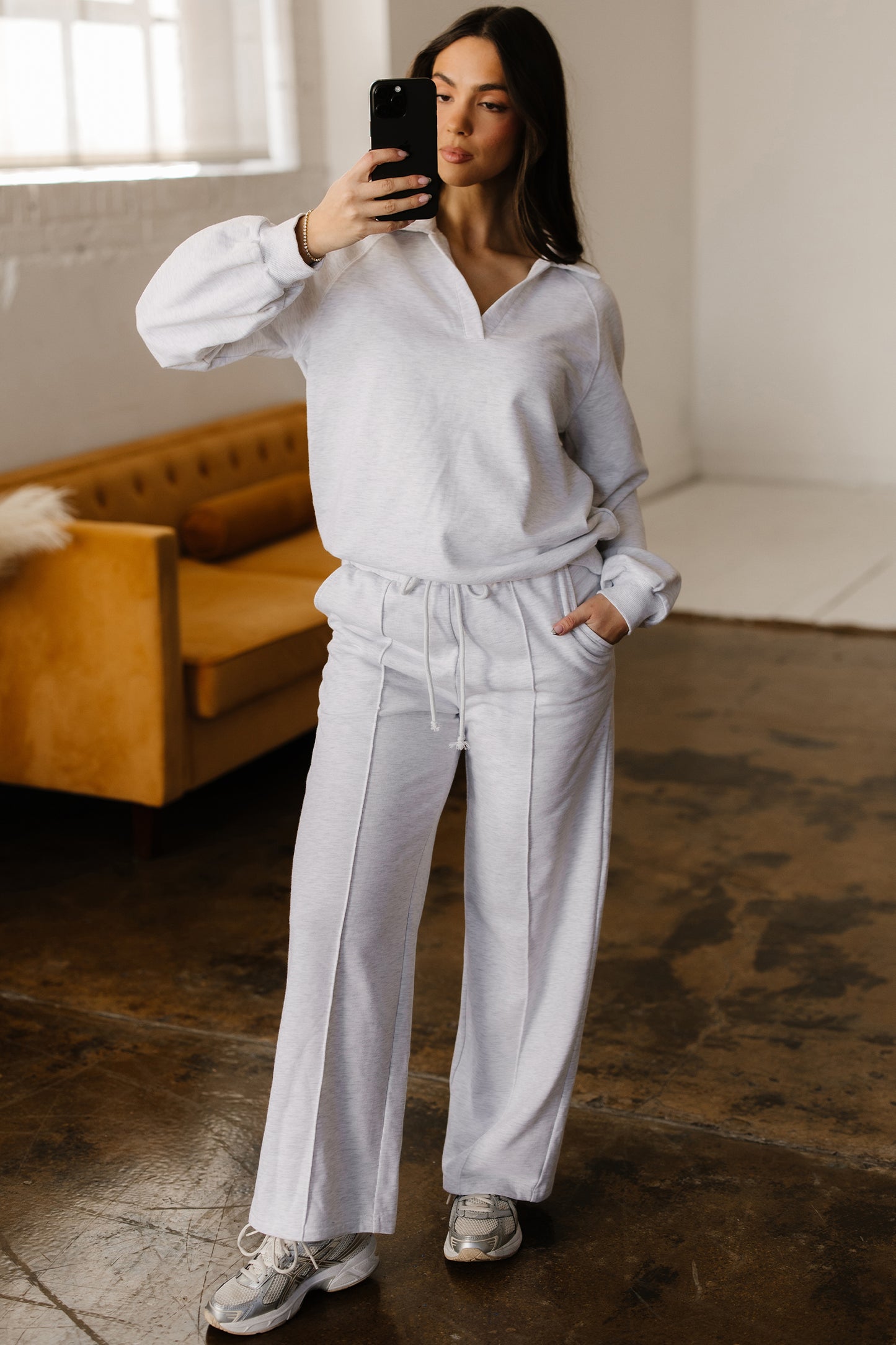 Dark Khaki Polo Collar V Neck Pullover and Drawstring Sweatpants Set-Two Piece Sets/Pant Sets-[Adult]-[Female]-2022 Online Blue Zone Planet