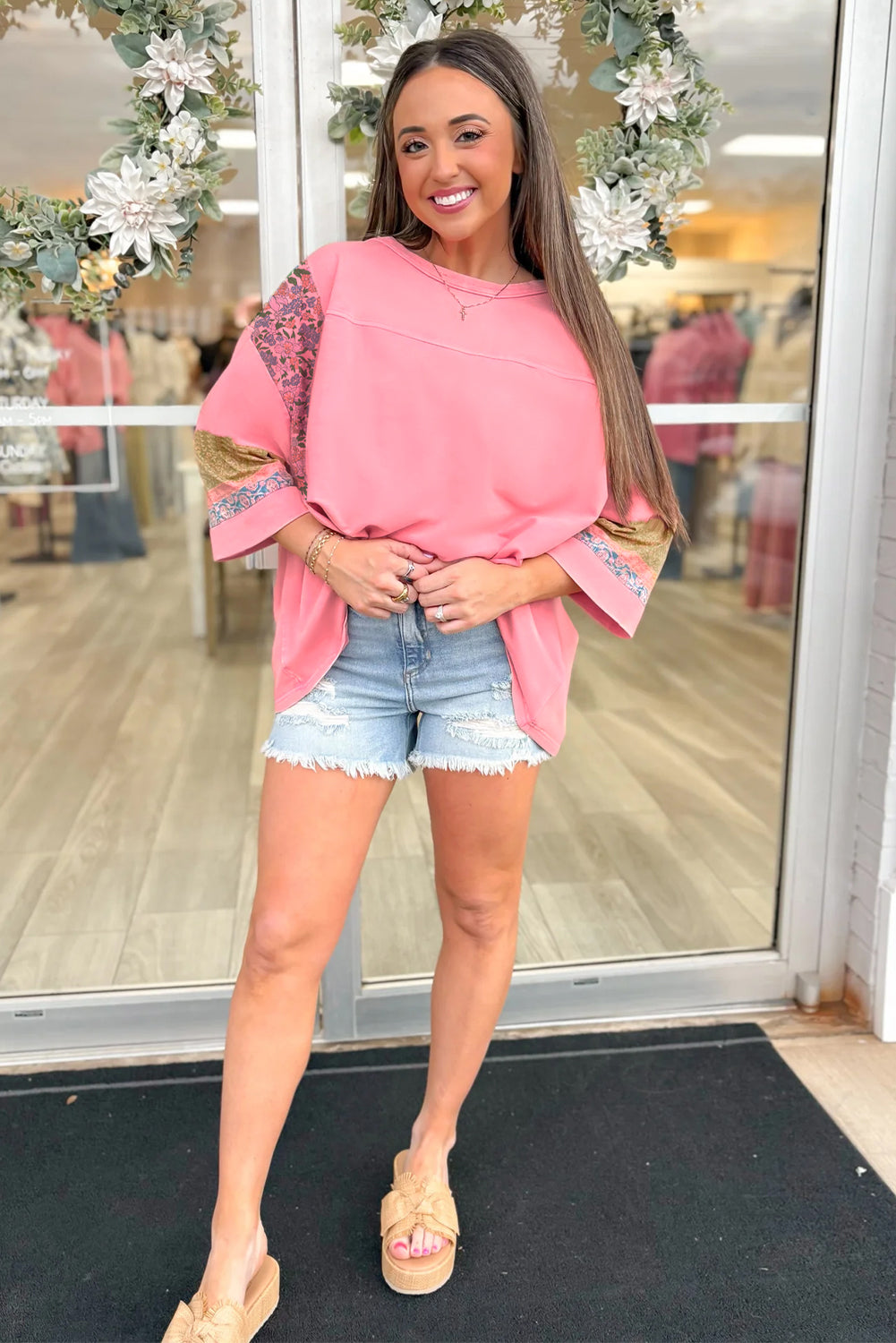 Gossamer Pink Floral Color Block Patchwork Long Sleeve Top-Tops/Long Sleeve Tops-[Adult]-[Female]-2022 Online Blue Zone Planet