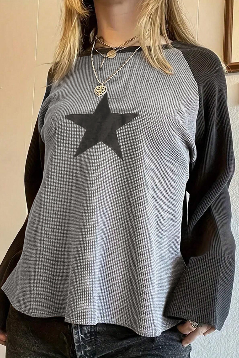 High Waffle Knit Colorblock Star Patch Graphic Raglan Top-Tops/Long Sleeve Tops-[Adult]-[Female]-2022 Online Blue Zone Planet