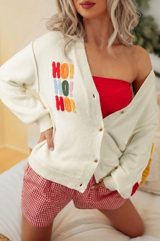 White Ho Ho Ho Slogan V Neck Button Front Embroidered Knit Cardigan-Sweaters & Cardigans/Cardigans-[Adult]-[Female]-White-S-2022 Online Blue Zone Planet