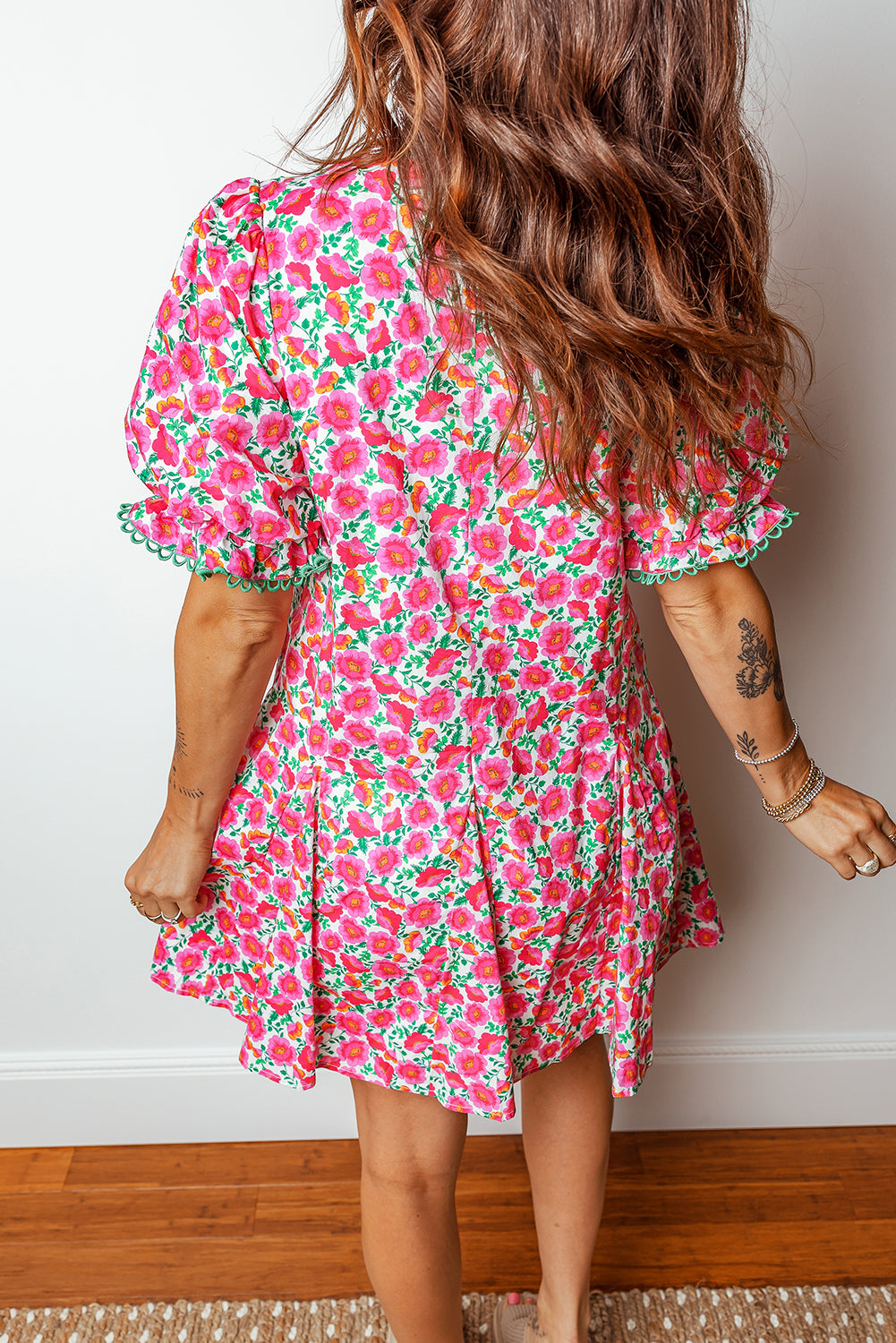 Pink Floral Print V Neck Patchwork Short Bubble Sleeve Mini Dress-Dresses/Floral Dresses-[Adult]-[Female]-2022 Online Blue Zone Planet