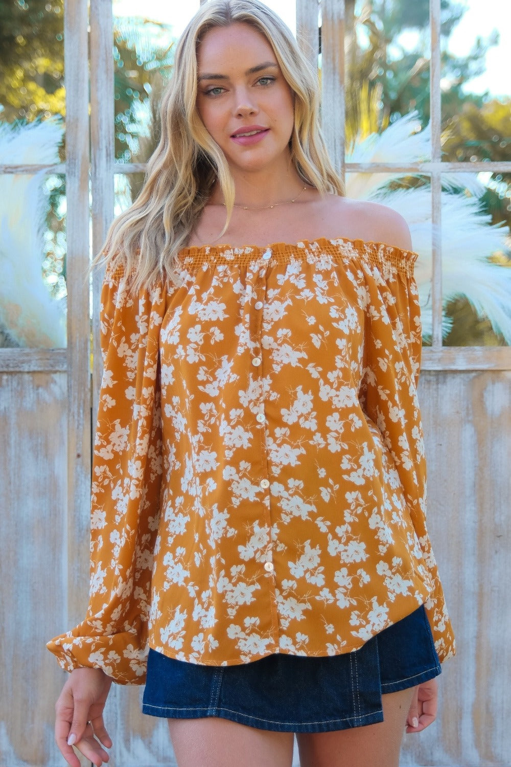 Blue Zone Planet | Hailey & Co Floral Off-Shoulder Balloon Sleeve Blouse-TOPS / DRESSES-[Adult]-[Female]-Mustard-S-2022 Online Blue Zone Planet