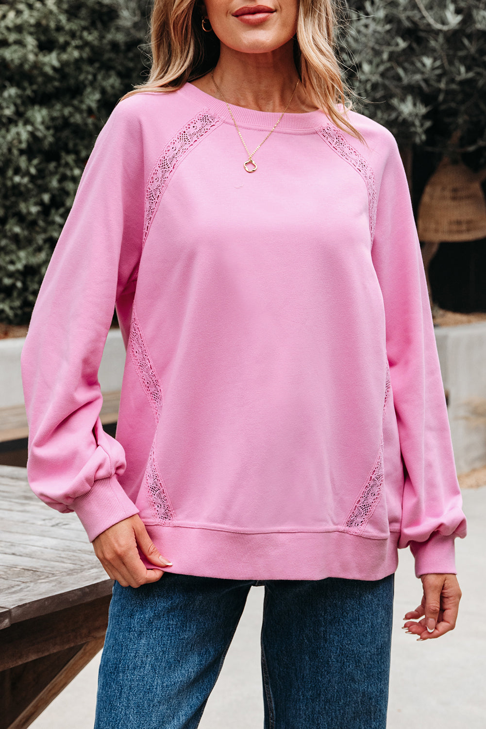 Bright Pink Lace Patched Raglan Sleeve Loose Fit Sweatshirt-Tops/Sweatshirts & Hoodies-[Adult]-[Female]-2022 Online Blue Zone Planet