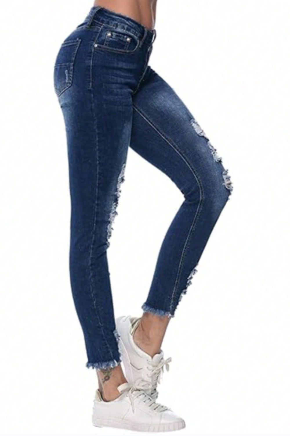 Distressed Raw Hem Jeans with Pockets-BOTTOMS SIZES SMALL MEDIUM LARGE-[Adult]-[Female]-2022 Online Blue Zone Planet