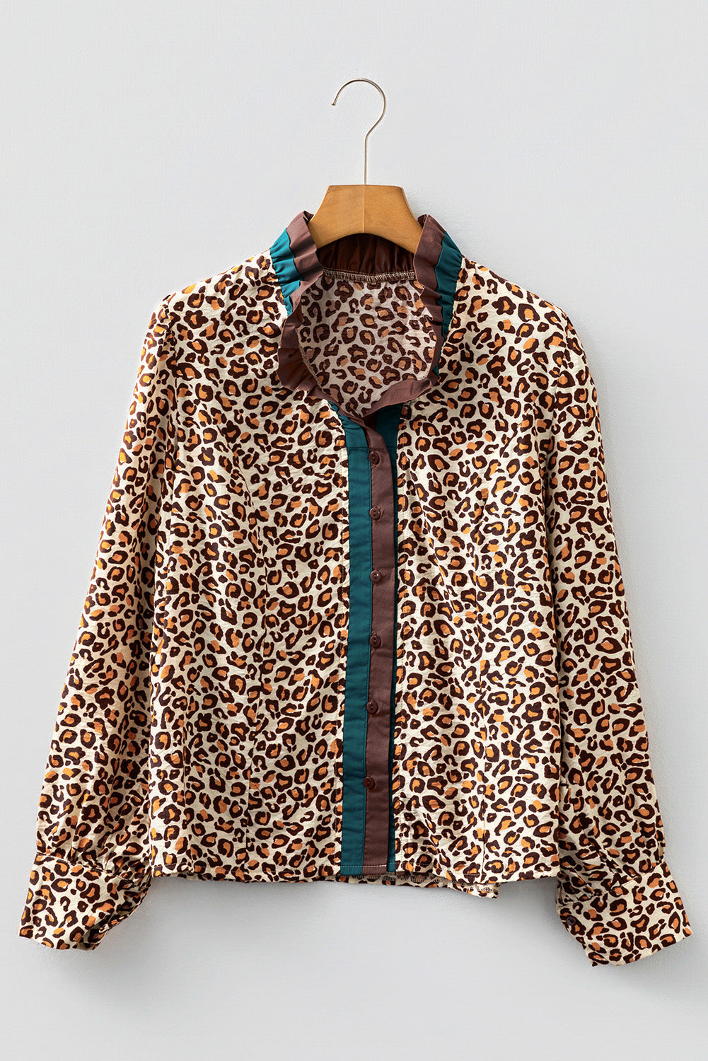Brown Leopard Print Contrast Frilled Trim Button Down V Neck Shirt-Tops/Blouses & Shirts-[Adult]-[Female]-2022 Online Blue Zone Planet