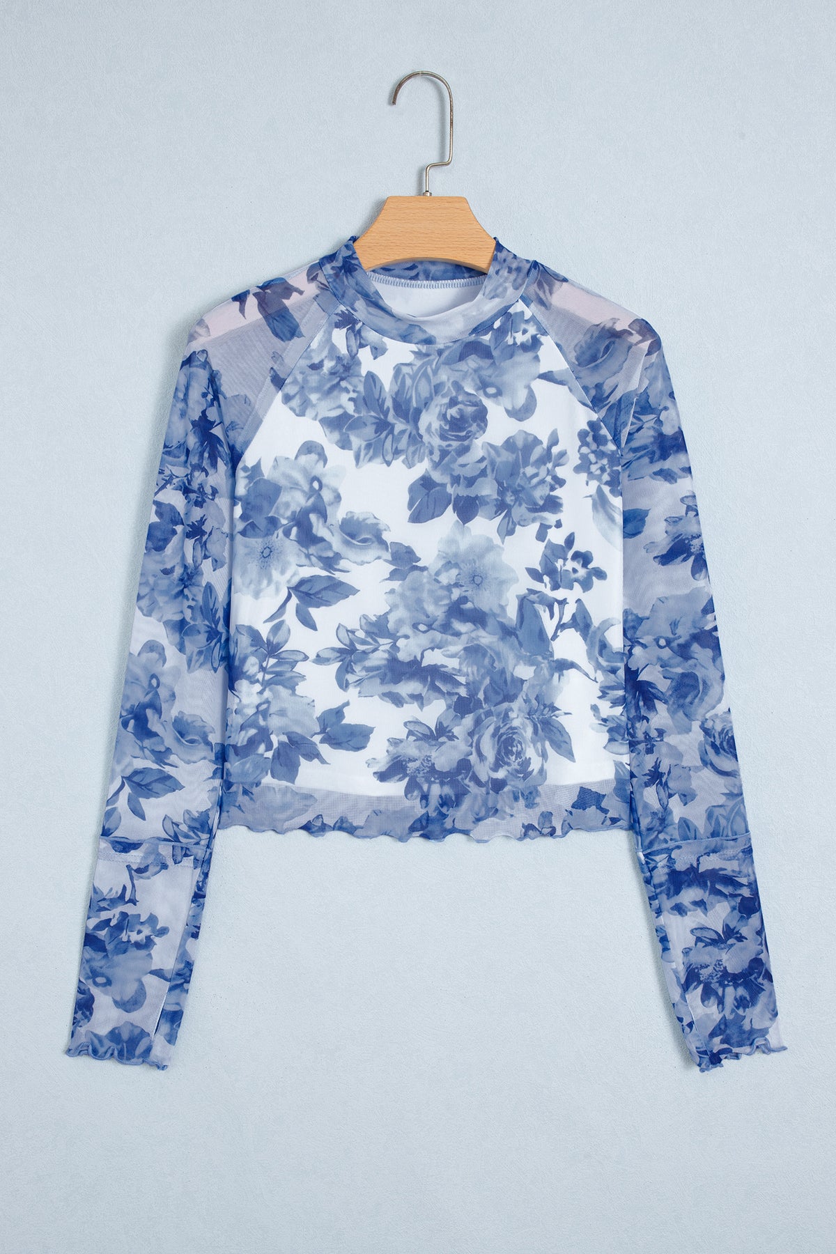 Sky Blue Floral Print Long Sleeve Stand Neck Mesh Top-Tops/Long Sleeve Tops-[Adult]-[Female]-2022 Online Blue Zone Planet