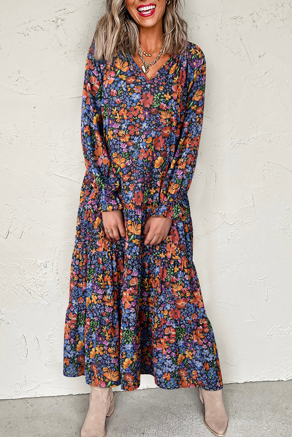 Blue Floral Print Tassel Tie V Neck Long Sleeve Flowy Maxi Dress, Maxi Modest Dress Blue / S / 100%Polyester