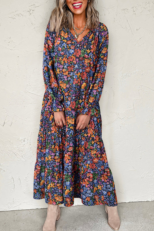 Blue Floral Print Tassel Tie V Neck Long Sleeve Flowy Long Dress-TOPS / DRESSES-[Adult]-[Female]-Blue-S-2022 Online Blue Zone Planet
