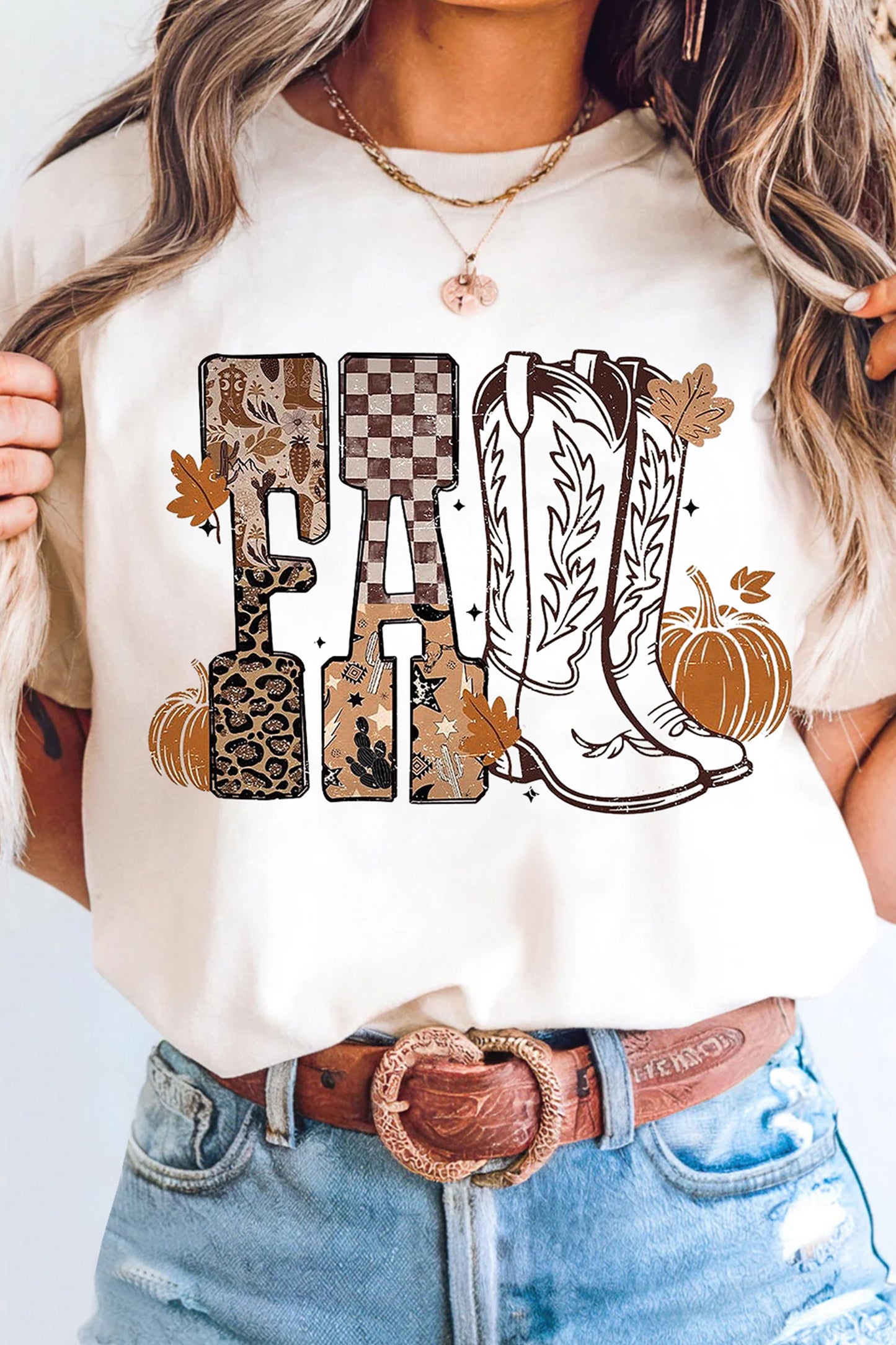 White FALL Letter Print Western Thanksgiving Graphic T-Shirt-Graphic/Graphic Tees-[Adult]-[Female]-White-S-2022 Online Blue Zone Planet