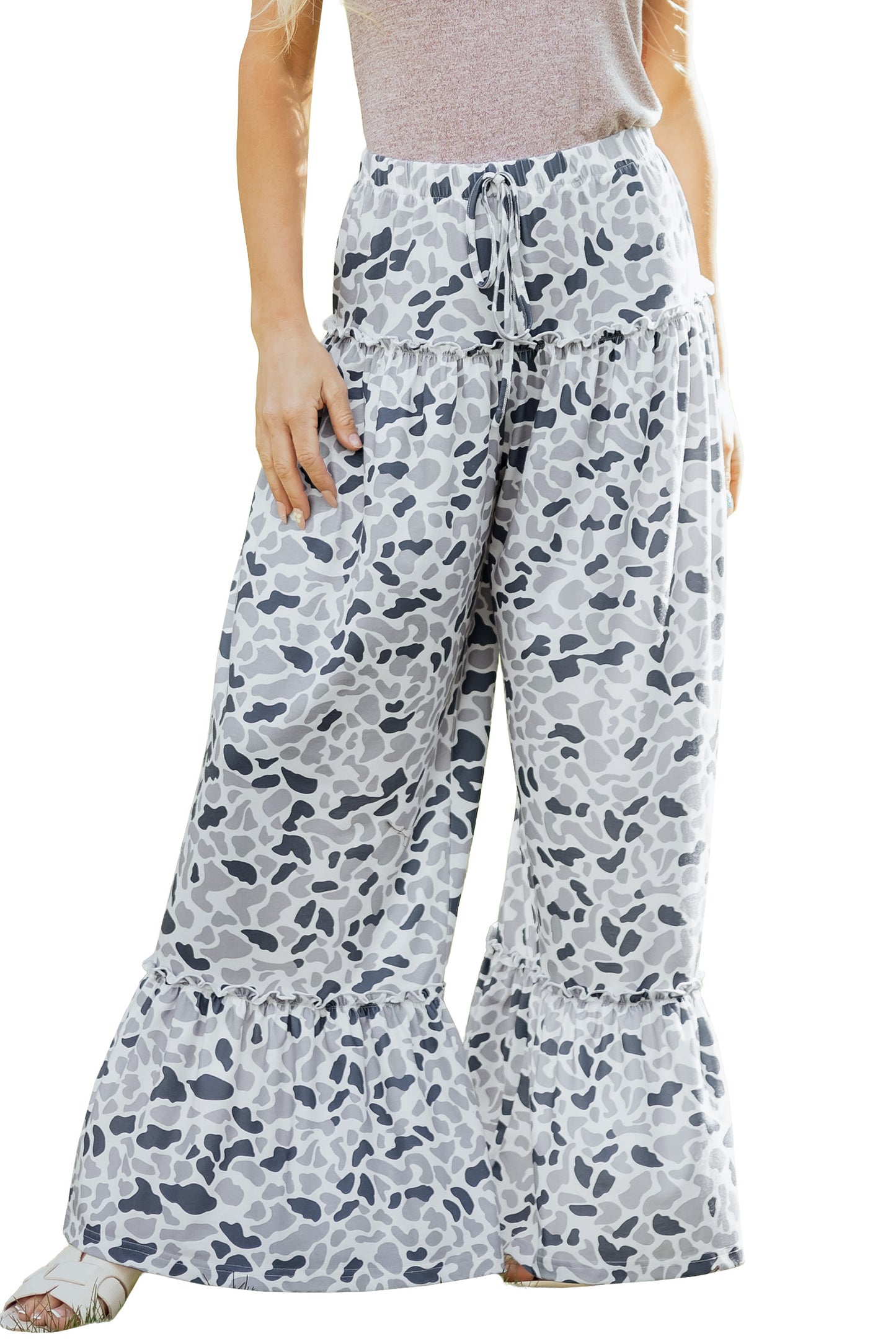 Beige Camo Print Wide Leg Casual Pants-Bottoms/Pants & Culotte-[Adult]-[Female]-2022 Online Blue Zone Planet