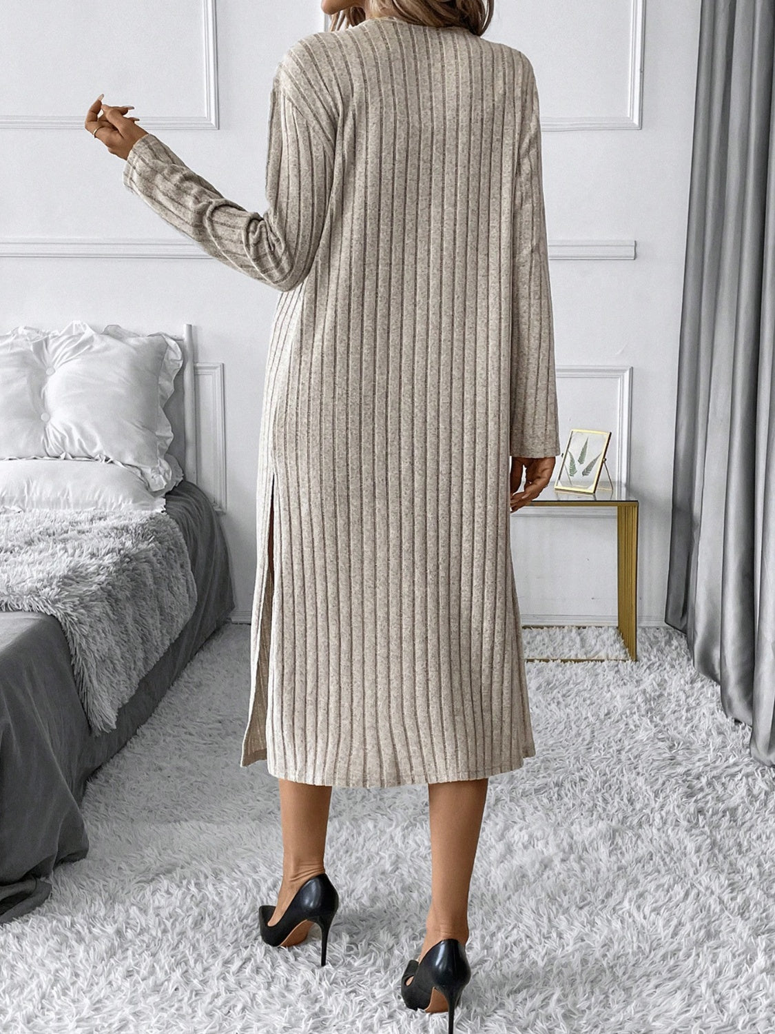 Side Slit Ribbed Open Front Cardigan-TOPS / DRESSES-[Adult]-[Female]-2022 Online Blue Zone Planet