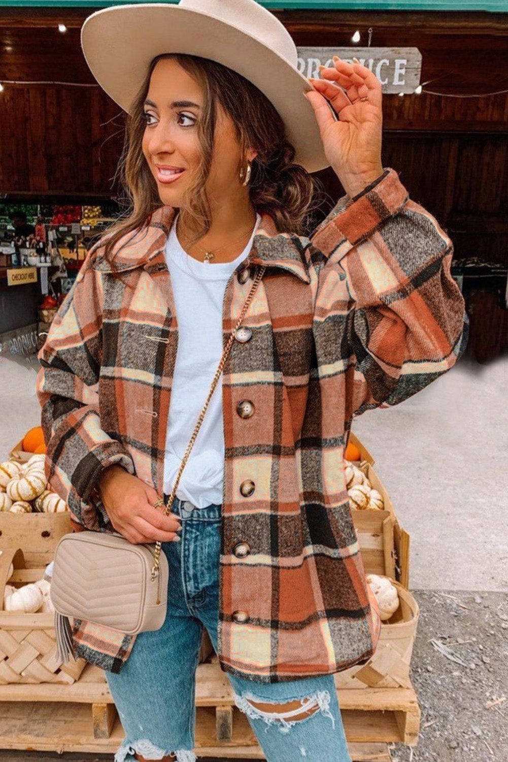 Plaid Print Buttoned Shirt Jacket-Outerwear/Plaid Shackets-[Adult]-[Female]-2022 Online Blue Zone Planet