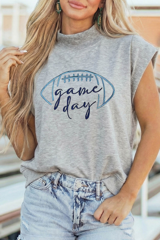 Light Grey Embroidered Game Day Football High Neck Short Sleeve Top-Graphic/Graphic Tees-[Adult]-[Female]-Light Grey-S-2022 Online Blue Zone Planet