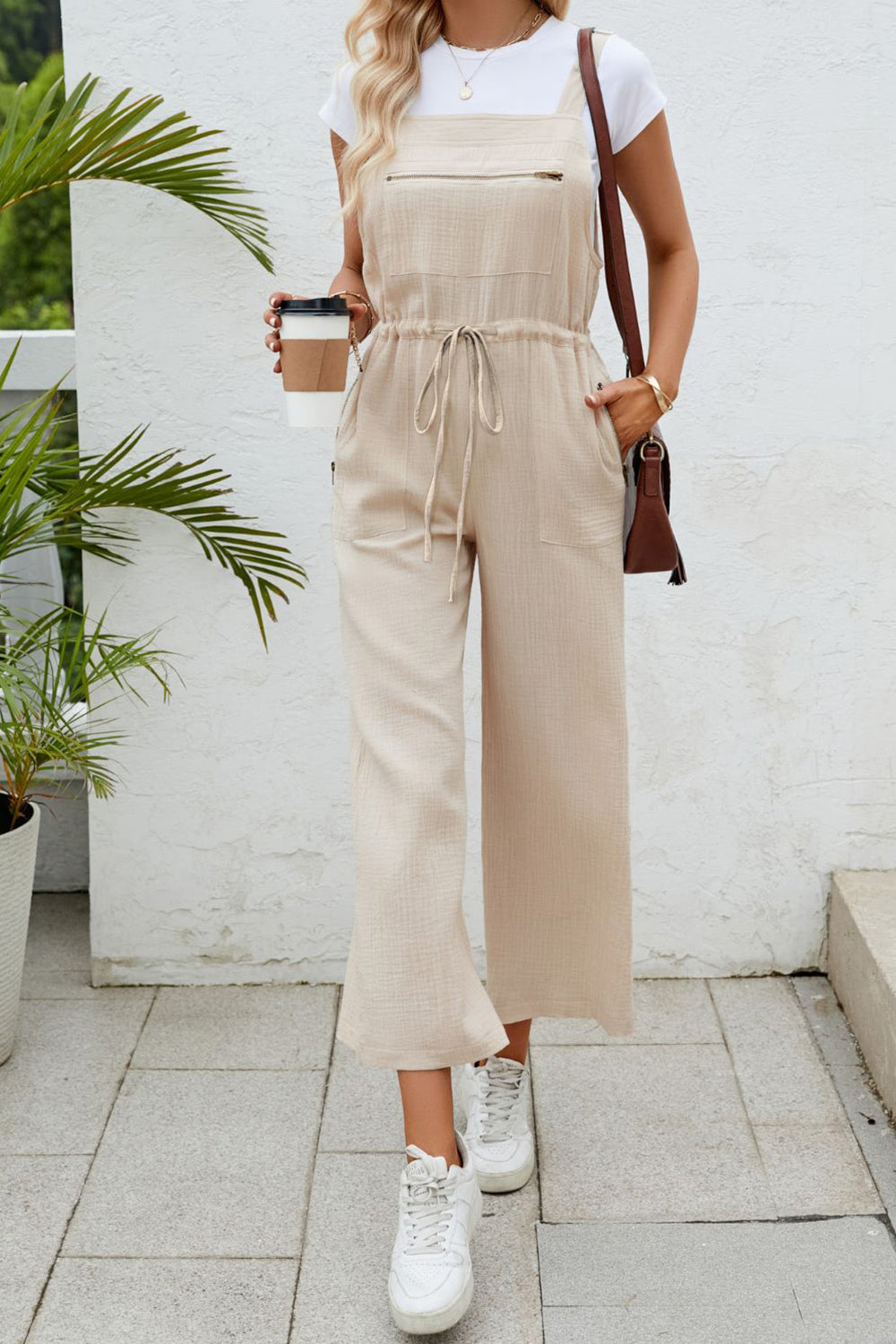 Drawstring Wide Strap Jumpsuit with Pockets-[Adult]-[Female]-Cream-S-2022 Online Blue Zone Planet